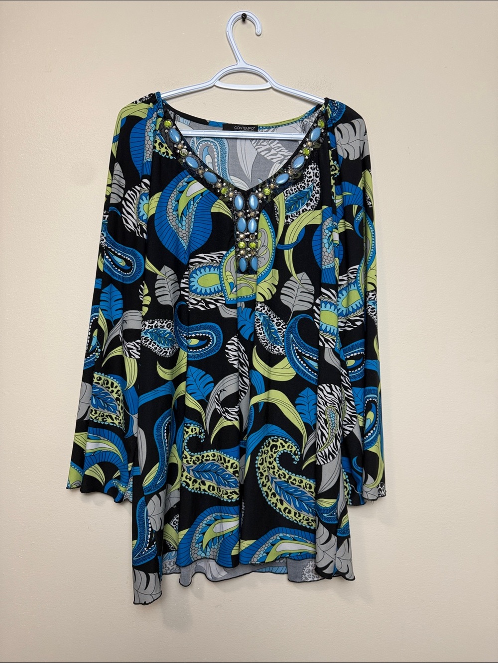 Penningtons Black, Blue & Lime Paisley Jewel-Trim Long Sleeve Top